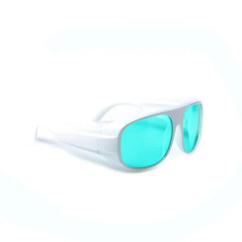 Hardcore Laser Safety Glasses Red Beam Protection OD4 Plus 620 To 700 Nm Range LB4 certified eyewear in white with blue lenses.