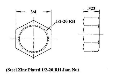 Steel Zinc Plated 1/2-20 RH Jam Nut diagram with dimensions and specifications for automotive applications.