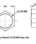 Steel Zinc Plated 1/2-20 RH Jam Nut dimensions showing side and top view, used for secure fastening in automotive applications.