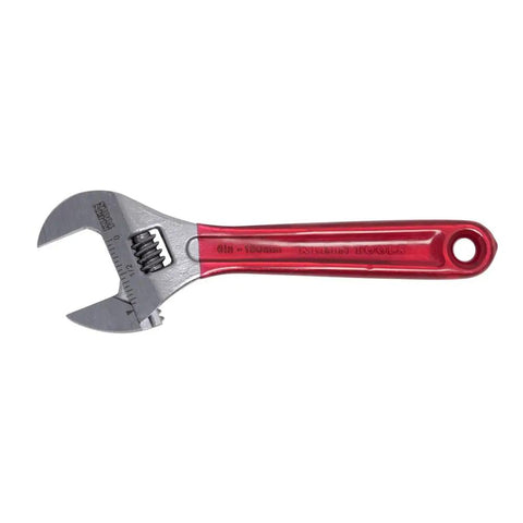 Extra Capacity Adjustable Wrench With Forged Alloy Steel Jaw, High Polish Chrome Finish, 6 1/2 Inch Length, red handle shown