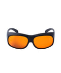Heavy Duty Laser Safety Glasses With Top Shelf OD5 Protection Covering 180 To 540 Nm Wavelengths Clear Lens front view with orange lenses.