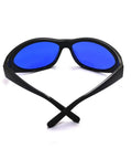 Field Ready Laser Safety Glasses Built Heavy With Slick Polycarbonate Frames And Od Six Plus Optics To Shut Out 560 Through 600Nm Rays, front view with blue lenses.