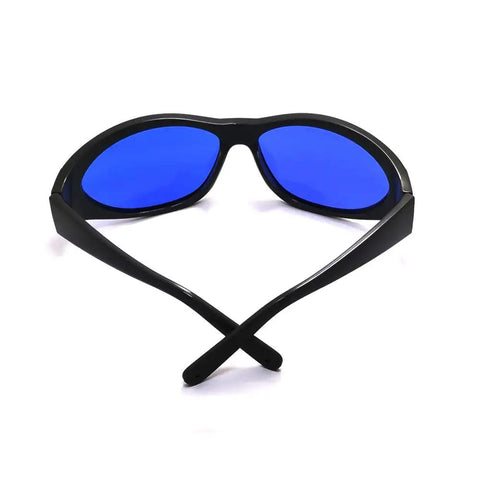 Field Ready Laser Safety Glasses Built Heavy With Slick Polycarbonate Frames And Od Six Plus Optics To Shut Out 560 Through 600Nm Rays, front view with blue lenses.