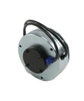 Angled side view of electromagnetic brake assembly with round metal housing, black end cap and blue connector
