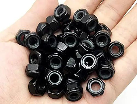 100 Pack Black M4 Nylon Lock Nuts 0.7mm Pitch Hex Self Clinching Rock Solid Jam Proof Nuts with Strong Grip Premium Carbon Steel Fasteners for Mechanical Work and DIY Builds held in a hand.