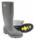 15 Inch Chemical Resistant Mens Knee Boot Built Different For The Job Site Heavy Duty Safety Footwear Featuring Slip Resistant Soles Bright Black Yellow And Grey Accents Size 12 displayed in profile with grey color and slip-resistant sole.
