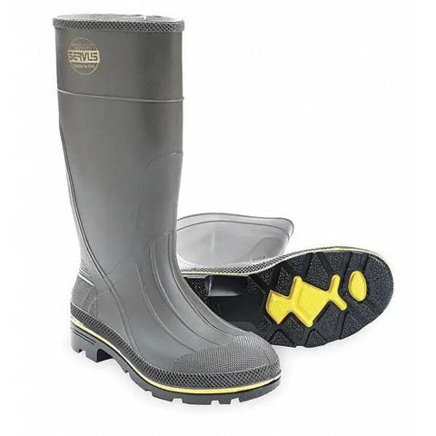 15 Inch Chemical Resistant Mens Knee Boot Built Different For The Job Site Heavy Duty Safety Footwear Featuring Slip Resistant Soles Bright Black Yellow And Grey Accents Size 12 displayed in profile with grey color and slip-resistant sole.