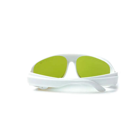 Heavy Duty 1064nm Laser Safety Glasses with Kickass Spectral Filtering, white frame and green lenses, front view.