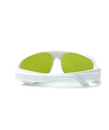 Pro Grade Infrared Laser Protective Eyewear Built Different For Pros With Crystal Clear View And Straight Up Reliable Blocking For Nd Yag Diode Systems And High Power Beams, featuring green lenses and white frame.