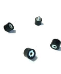 Set Of Four Built Tough Rubber Vibration Isolator Mounts One Inch Wide By Three Quarters High With One Fourth Twenty Male Thread Studs on white background.
