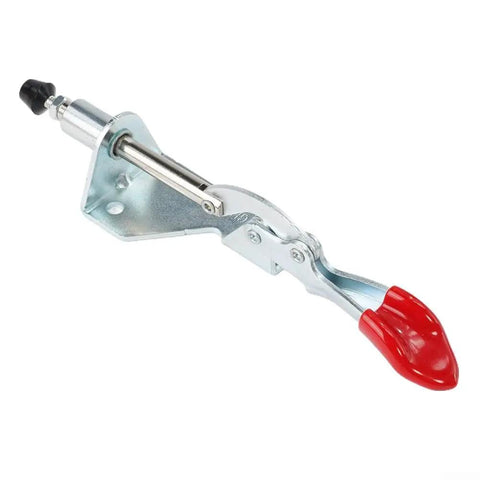 Heavy Duty Vertical Toggle Clamp With Rock Solid 90 Kg Holding Power And Ergonomic Anti Slip Grip For Welding Jigs Metal Fabrication And Quick Release Shop Rig, showing metal construction and red grip.