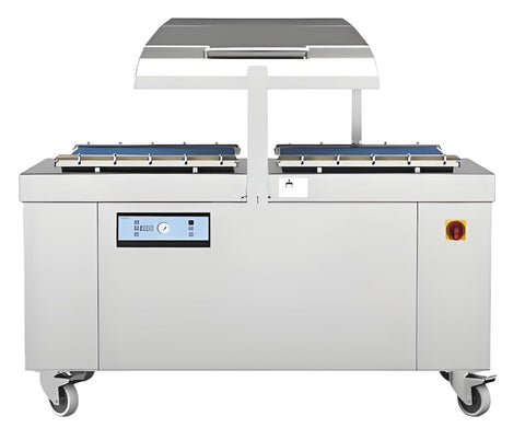 Single Chamber Vacuum Packaging Machine Featuring Dual Heat Bars For An Ultra Tight Airtight Seal That Keeps Stored Meals Fresh As Day And Totally Freezer Burn Proof, front view with control panel.