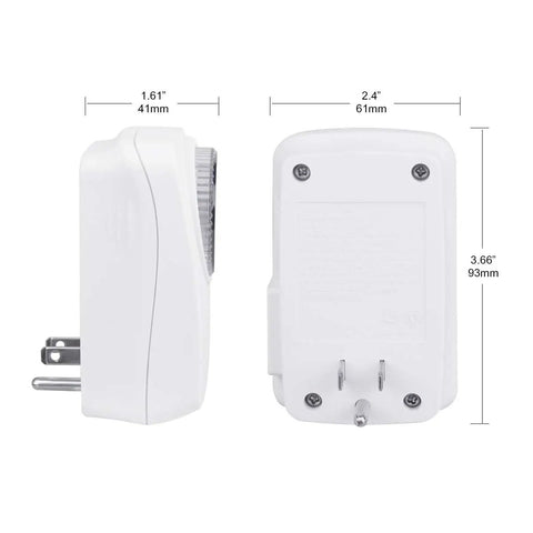 Two Pack Indoor Light Countdown Timer With Grounded Outlet For Home Lighting Small Appliances And Holiday Decor Set, side view with dimensions shown.