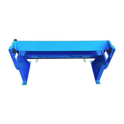 Front view of blue 24 Inch Pan and Box Brake for metalworking bends up to 20 gauge mild steel 1 millimeter with removable fingers benchtop tool