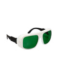 Badass Multi Wave Laser Safety Glasses Featuring Hella High Optical Density Eye Shielding For Blue Red And Near Infrared Light Lab And Workshop Approved Gear That Is Totally Legit Daily in white and black with green lenses.