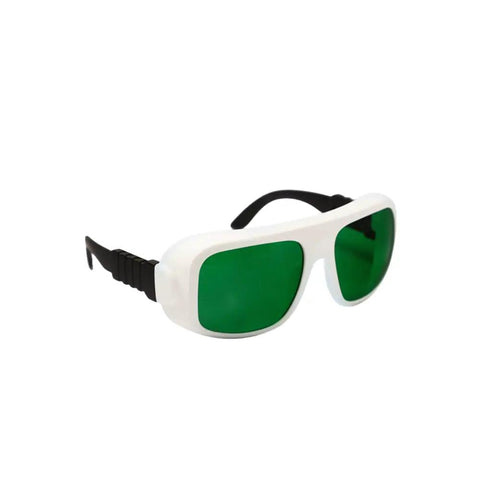 Badass Multi Wave Laser Safety Glasses Featuring Hella High Optical Density Eye Shielding For Blue Red And Near Infrared Light Lab And Workshop Approved Gear That Is Totally Legit Daily in white and black with green lenses.