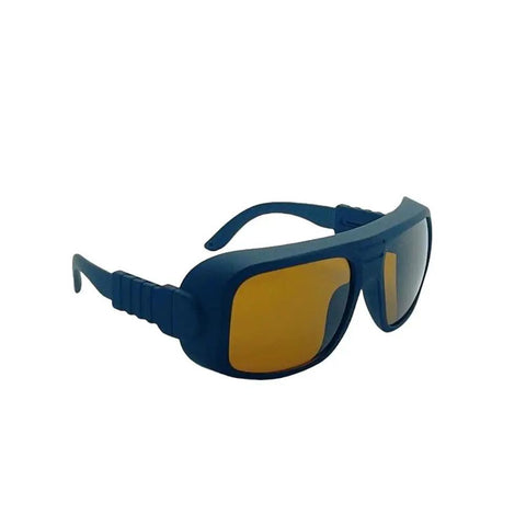 Premium Laser Safety Glasses With Hella Tough Frames Delivering Badass Protection Against 532Nm And 1064Nm Beams with yellow tinted lenses.
