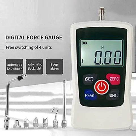 Heavy Duty Digital Trigger Pull Gauge And Badass Force Meter Tester With Switchable Units For Gun Triggers And Mechanic Shop Hardware 500N Push Compression Load Testing Rig display with four switchable unit options.