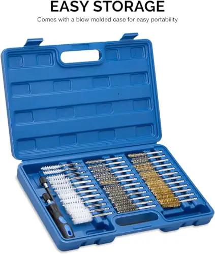Blue case with 38-piece Wire Brush Drill Attachments With One Quarter Inch Hex Shank For Power Drill Or Die Grinder
