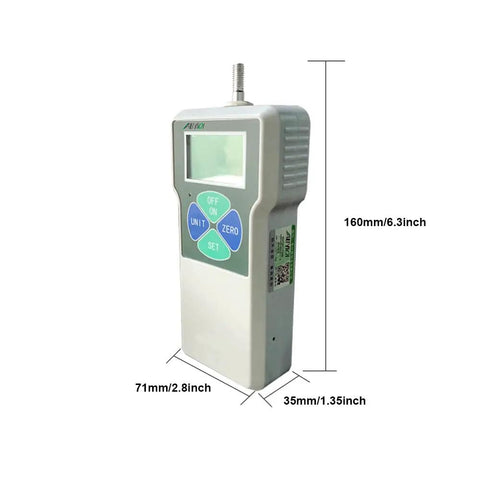 Portable Digital Force Gauge With Slick LCD Panel No Fuss Operation Plug And Play Push Pull Tester For Tension Measurements Dang Precise Readings Up To 500N Capacity British Standard Plug side view showing dimensions 160mm x 71mm x 35mm.