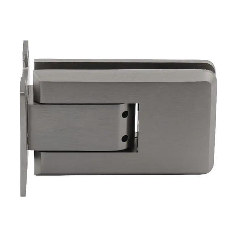 Rock Solid Brushed Nickel Self Centering Glass Door Hinge Featuring Quick Toggle Adjustment, side view with precision design.