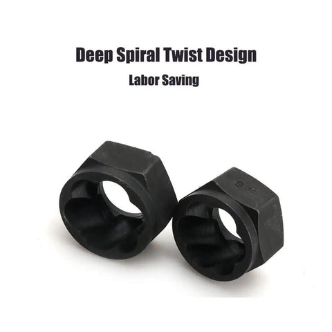 Close-up of two pieces from a 10 Piece Short Socket Bolt Extractor Set For 9-19mm Nuts, showing spiral twist design in black.