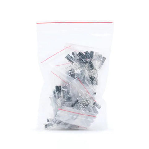 Heavy Duty Electrolytic Capacitor Assortment Kit With 120 Pieces Covering 1UF To 470UF At 16V 25V And 50V in a zip bag.