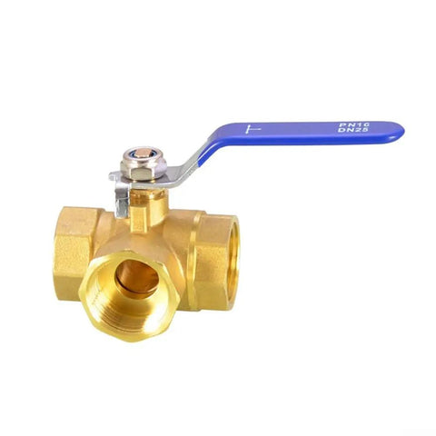 Built Tough Forged Brass Three Way Valve T Type Half Inch Bsp Thread Heavy Duty Plumbing Connector with blue handle.