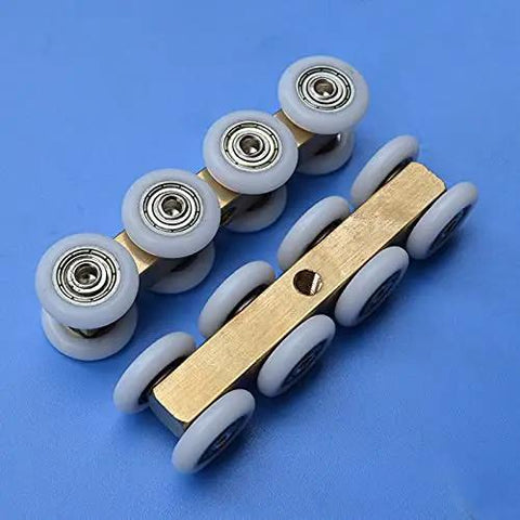 Smoother Than Butter Sliding Door Roller with Rugged Nylon Wheel, two rows, sleek aluminum hardware, designed for wood bathroom doors.