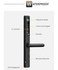Smart Biometric Fingerprint Door Lock With App Control Waterproof Electronic Keyless Entry featuring touch keypad and USB port.