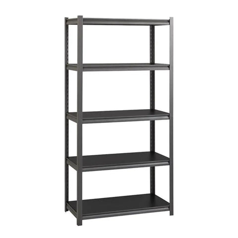 Bulletproof 3200 Lb Riveted Metal Shelving Unit 72 X 36 X 18 Inches Heavy Duty Steel Frame with black laminate shelves, gunmetal gray finish.