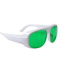 Top Shelf Red Laser Safety Glasses With Straight Up OD6 Protection And Crisp Clear Lenses Covering 620 To 700Nm For Heavy Duty Shop Use And Reliable Eye Coverage, featuring white frames and green lenses.