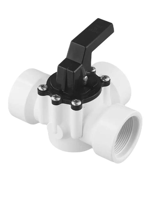 Heavy Duty Three Way PVC Diverter Valve For Swimming Pool And Spa Smooth Handle Action No Drip Design, side view with black handle.