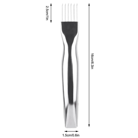 Front view of stainless steel mandoline slicer with four blades, 16 cm long