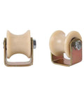 Heavy Duty Nylon Track Rollers Featuring Rock Solid Double Bearing Dual Arc Groove Pulley Wheels side view with metal brackets