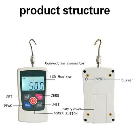 Top Shelf Digital Force Gauge With Slick Backlit Screen And Knockout Precision For Beefy Push Pull Testing Up To Five Hundred Newtons Or One Hundred Ten Pounds Max Capacity showing product structure and controls.
