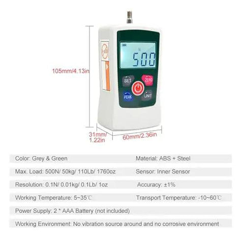 Top Shelf Digital Force Gauge With Slick Backlit Screen And Knockout Precision For Beefy Push Pull Testing Up To Five Hundred Newtons Or One Hundred Ten Pounds Max Capacity displayed with measurements and specifications.