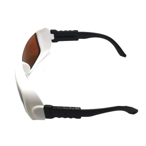 Heavy Duty Infrared Laser Safety Glasses Blocking 532 Nm And 1064 Nm Waves, side view showing white frame and black arms.