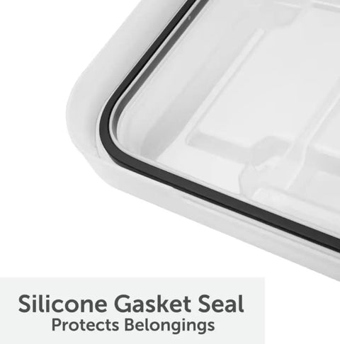 Close-up of silicone gasket seal on Three Pack 19 Quart Clear Plastic Storage Containers Featuring Bulletproof IP68 Waterproof Rating.