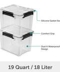 Three Pack 19 Quart Clear Plastic Storage Containers Featuring Bulletproof IP68 Waterproof Rating Kickass Silicone Gasket And Rock Solid Latches For Hella Reliable Outdoor Gear Organization And Smooth Carry, stackable with comfort grip.