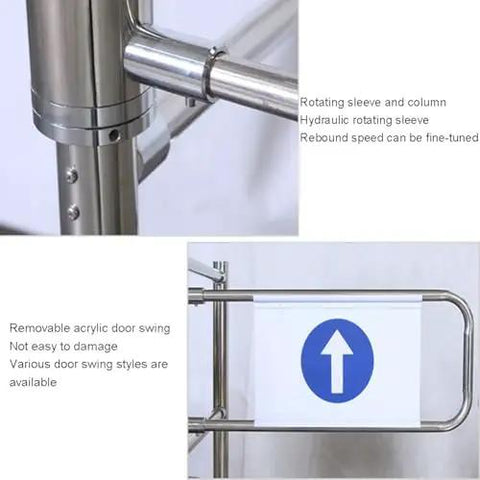 Pro Grade Self Closing Swing Gate Safety Entrance Barrier With Automatic Spring Loaded Mechanism Heavy Duty Walk Thru Gate for Stores, shows hydraulic rotating sleeve and removable acrylic door.