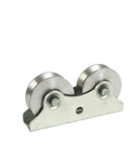 Top Shelf Iron Sliding Door V Wheel Track Rollers For Courtyard Gates And Fence Systems Featuring Smooth As Butter Glide Industrial Grade Replacement Hardware Set, close-up of heavy duty iron roller.