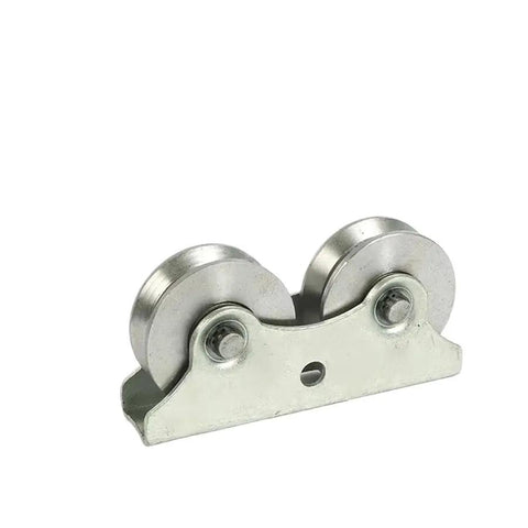 Top Shelf Iron Sliding Door V Wheel Track Rollers For Courtyard Gates And Fence Systems Featuring Smooth As Butter Glide Industrial Grade Replacement Hardware Set, close-up of heavy duty iron roller.