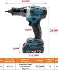 Heavy Duty Cordless Rivet Nut Gun 26V Electric Puller For M3 To M12 Blind Nuts Rechargeable with LED Light and specs shown.