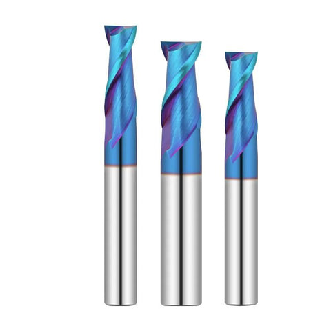 Solid carbide end mills with blue-coated flutes and silver shanks for CNC milling (3 pcs)