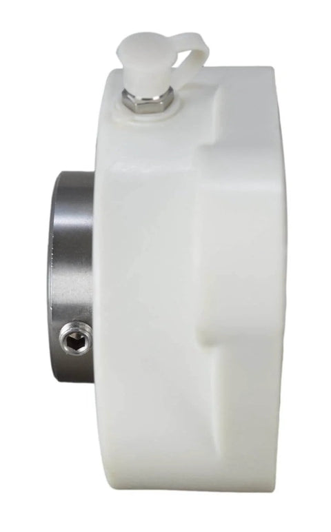 Side view of 1-1/4 Inch Stainless Steel Thermoplastic Two-Bolt Flange Bearing With Two Set Screws Plastic Housing And Grease Zerk Shaft