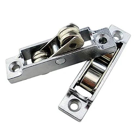 Prime Grade Stainless Steel Double Wheel Sliding Door Rollers And Window Track Pulleys for Rustproof Heavy Duty Glide Hardware Replacement Flat Base Fit That Runs Bulletproof, close-up view showing dual rollers.