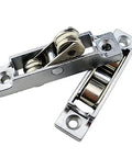Stainless Steel Sliding Door Rollers and Window Pulleys Crafted for a Smooth Operator Glide with Double Wheels and Rust Proof Build Ideal Hardware Upgrade for Glass Shower Doors and Cabin Drawers Available in Grooved or Flat Configurations, showcasing compact double wheel design.