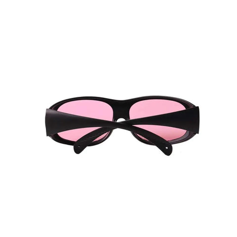 Pro Grade 755nm And 808nm Laser Safety Glasses With Badass Eye Protection For Epilation Units and Clinical Lasers front view, black frame with pink lenses.