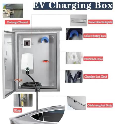 Tough As Nails Rock Solid Waterproof Stainless Steel EV Charger Box Cover With Key Lock And Wall Mount Stand For Outdoor Electric Vehicle Plug Armor Protection, showing detailed interior sections.